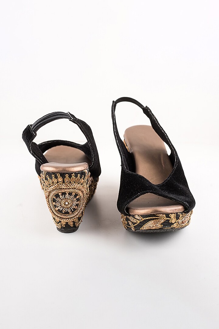 Black Embroidered Peep-Toe Wedges by The Shoe Tales at Pernia's Pop Up Shop