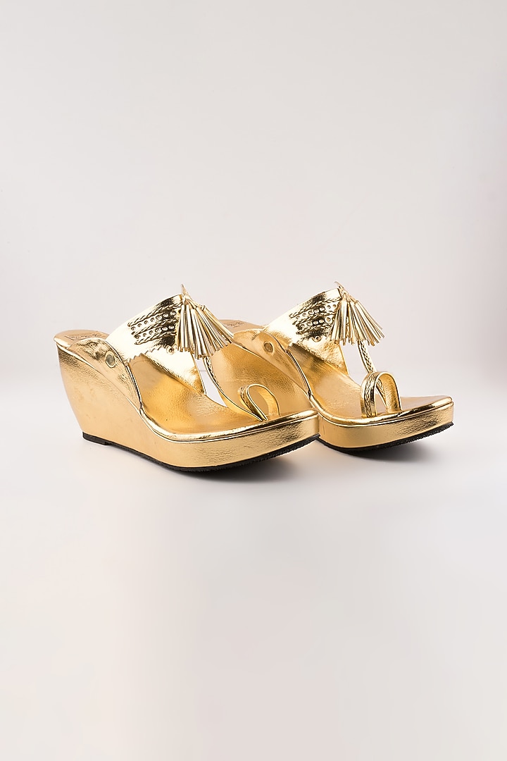 Golden Leather Kolhapuri Wedges by The Shoe Tales at Pernia's Pop Up Shop