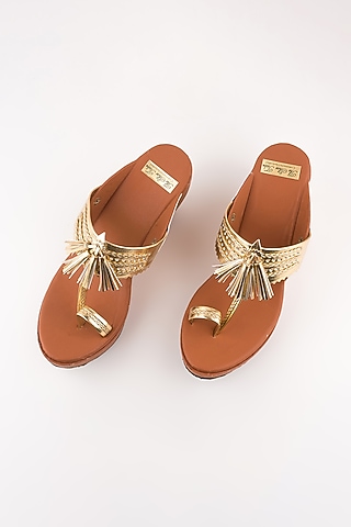 Tan Golden Leather Kolhapuri Wedges by The Shoe Tales