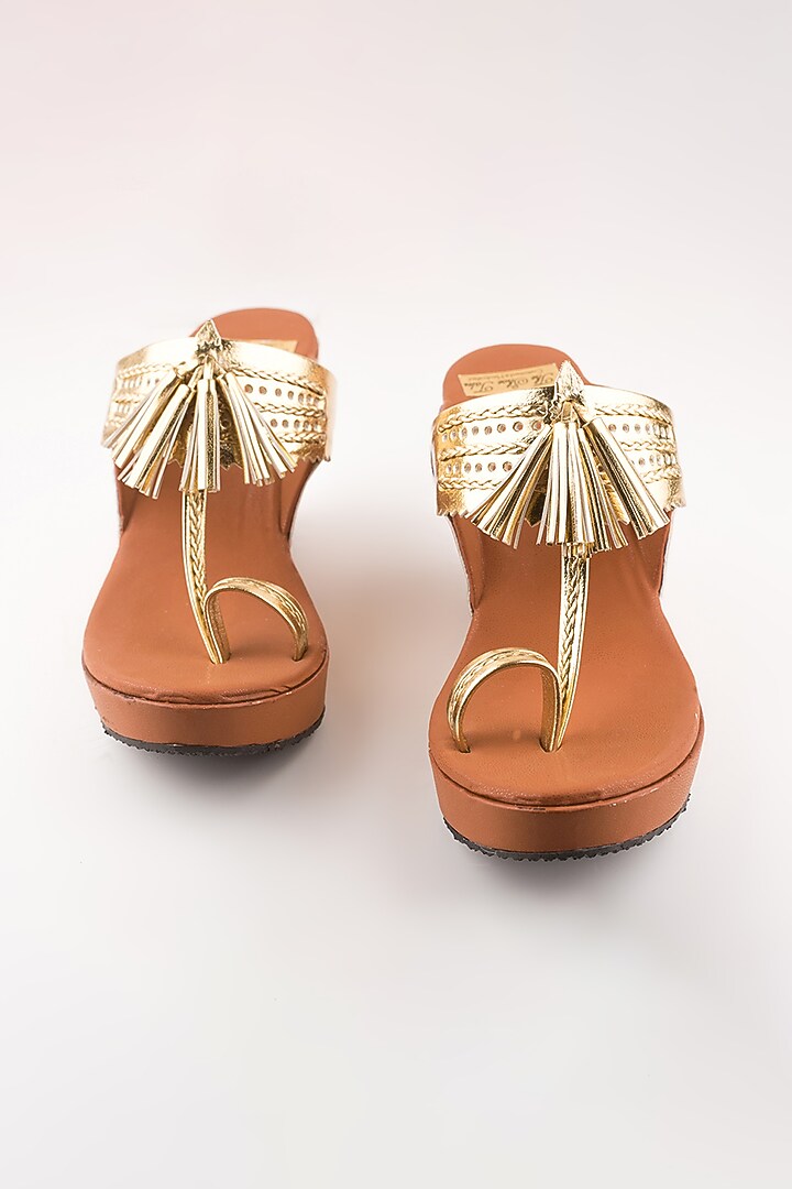 Tan Golden Leather Kolhapuri Wedges by The Shoe Tales at Pernia's Pop Up Shop