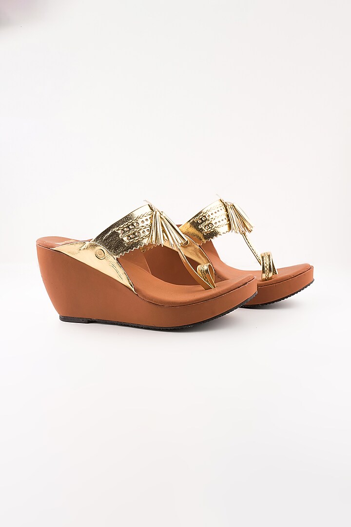 Tan Golden Leather Kolhapuri Wedges by The Shoe Tales at Pernia's Pop Up Shop