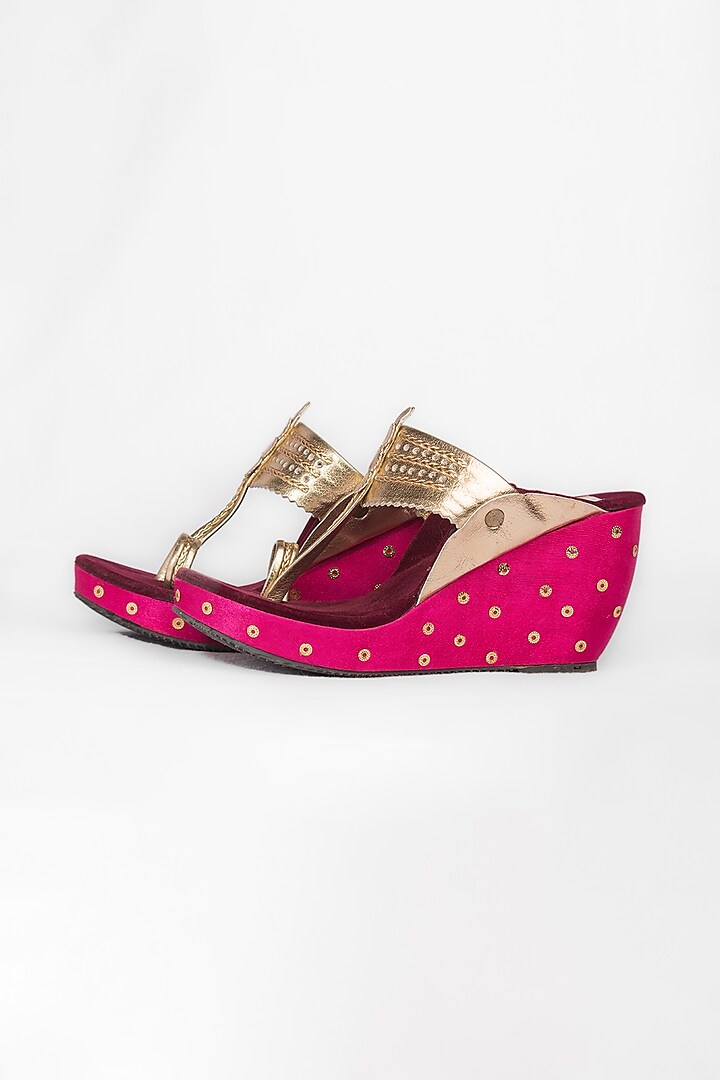 Pink & Maroon Leather Kolhapuri Wedges by The Shoe Tales