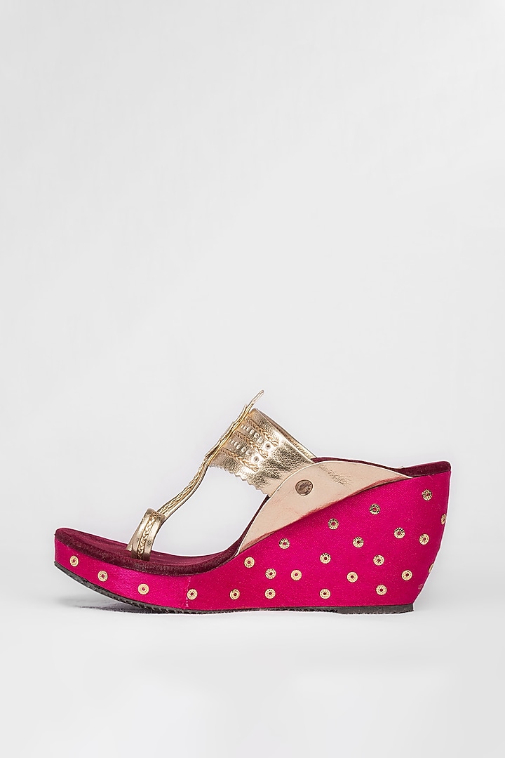 Pink & Maroon Leather Kolhapuri Wedges by The Shoe Tales at Pernia's Pop Up Shop