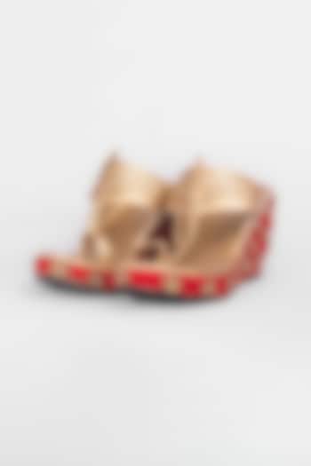 Red & Golden Embroidered Kolhapuri Wedges by The Shoe Tales