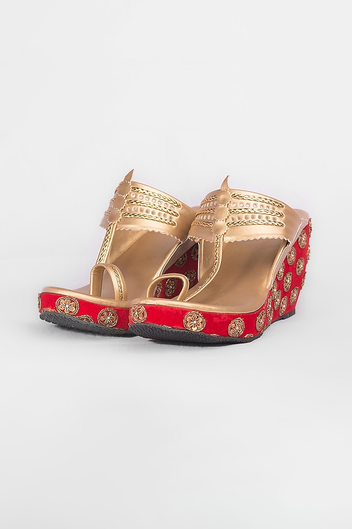 Red & Golden Embroidered Kolhapuri Wedges by The Shoe Tales at Pernia's Pop Up Shop