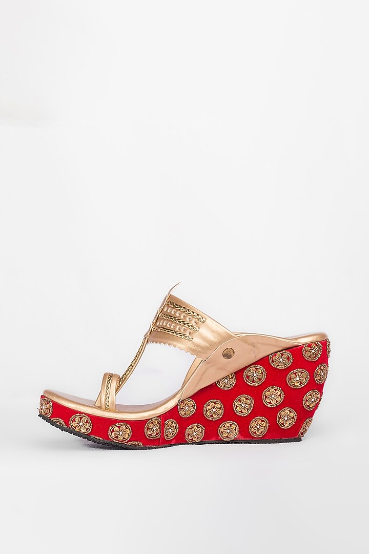 Red & Golden Embroidered Kolhapuri Wedges by The Shoe Tales at Pernia's Pop Up Shop