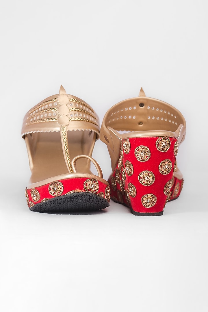 Red & Golden Embroidered Kolhapuri Wedges by The Shoe Tales at Pernia's Pop Up Shop