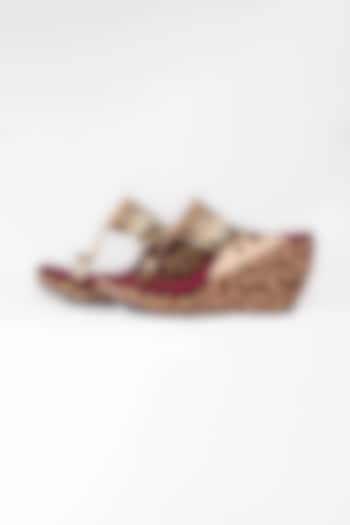 Maroon & Golden Embroidered Kolhapuri Wedges by The Shoe Tales at Pernia's Pop Up Shop