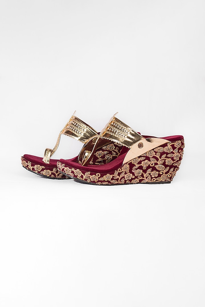 Maroon & Golden Embroidered Kolhapuri Wedges by The Shoe Tales