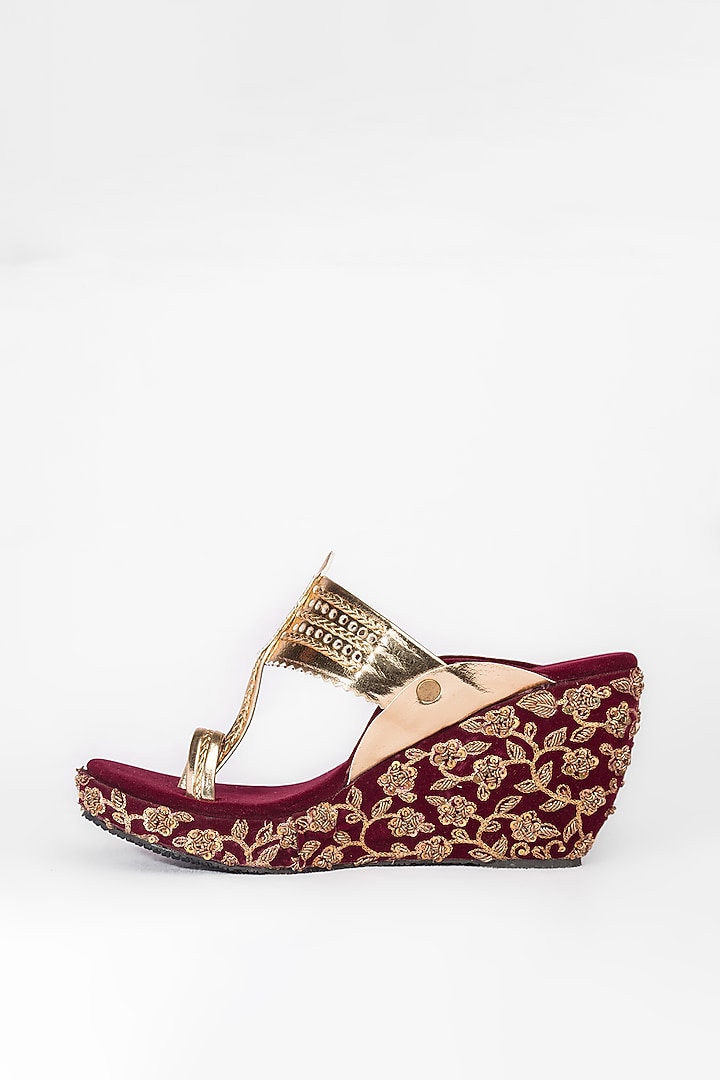 Maroon & Golden Embroidered Kolhapuri Wedges by The Shoe Tales at Pernia's Pop Up Shop