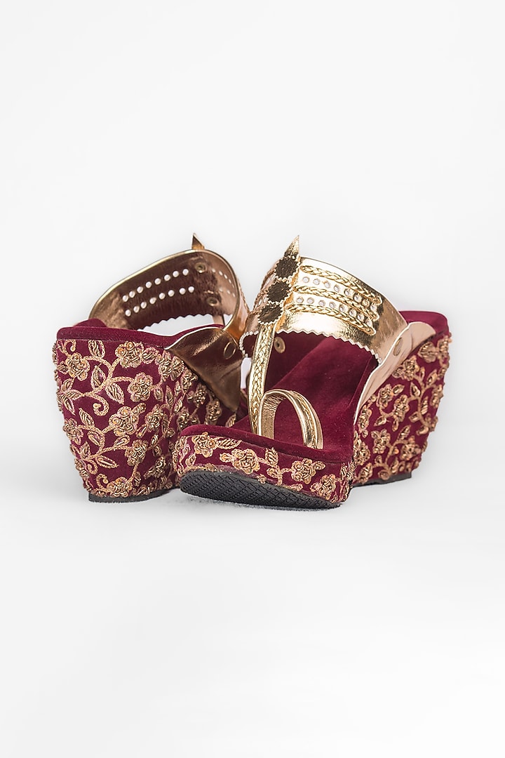 Maroon & Golden Embroidered Kolhapuri Wedges by The Shoe Tales at Pernia's Pop Up Shop