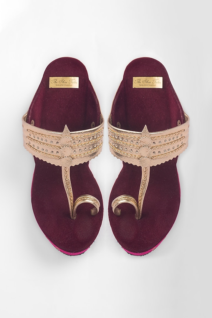 Maroon & Golden Embroidered Kolhapuri Wedges by The Shoe Tales at Pernia's Pop Up Shop