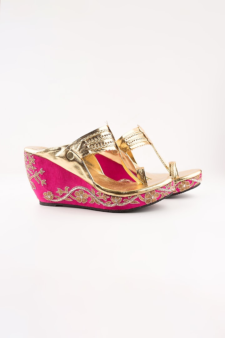Pink Embroidered Kolhapuri Wedges by The Shoe Tales