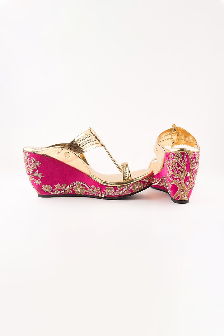 Pink Embroidered Kolhapuri Wedges by The Shoe Tales at Pernia's Pop Up Shop