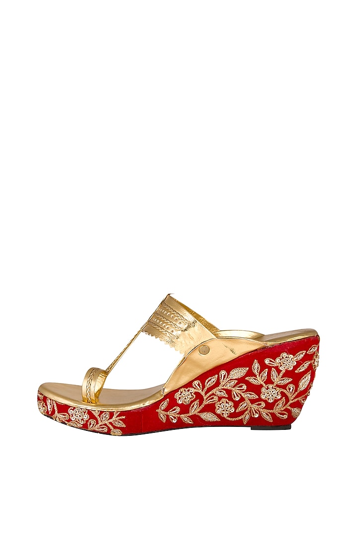 Golden Embroidered Kolhapuri Wedges by The Shoe Tales