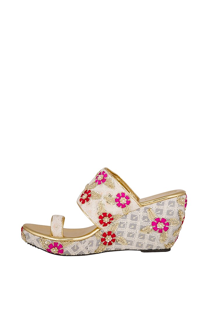 Pink & Red Embroidered Lucknowi Wedges by The Shoe Tales