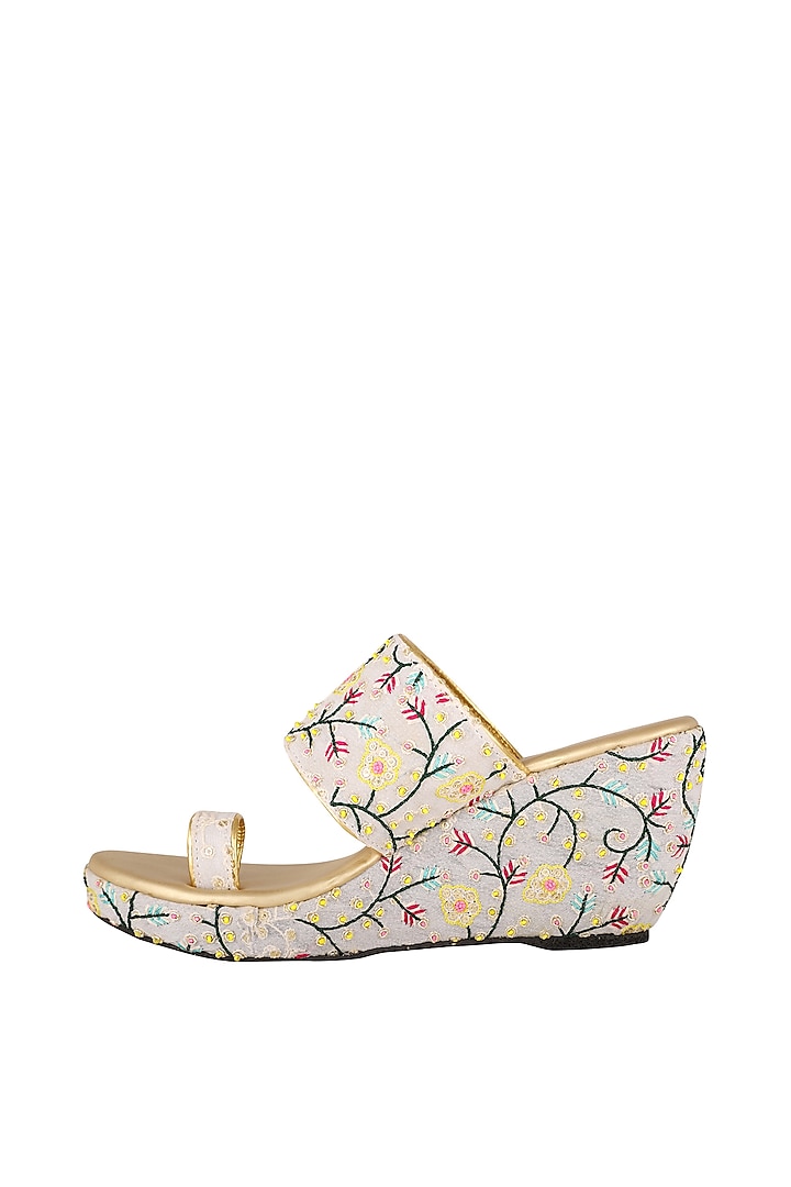 White Embroidered Lucknowi Wedges by The Shoe Tales