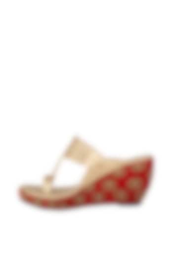 Red & Golden Embroidered Kolhapuri Wedges by The Shoe Tales