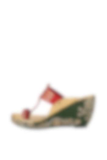 Maroon & Green Embroidered Kolhapuri Wedges by The Shoe Tales