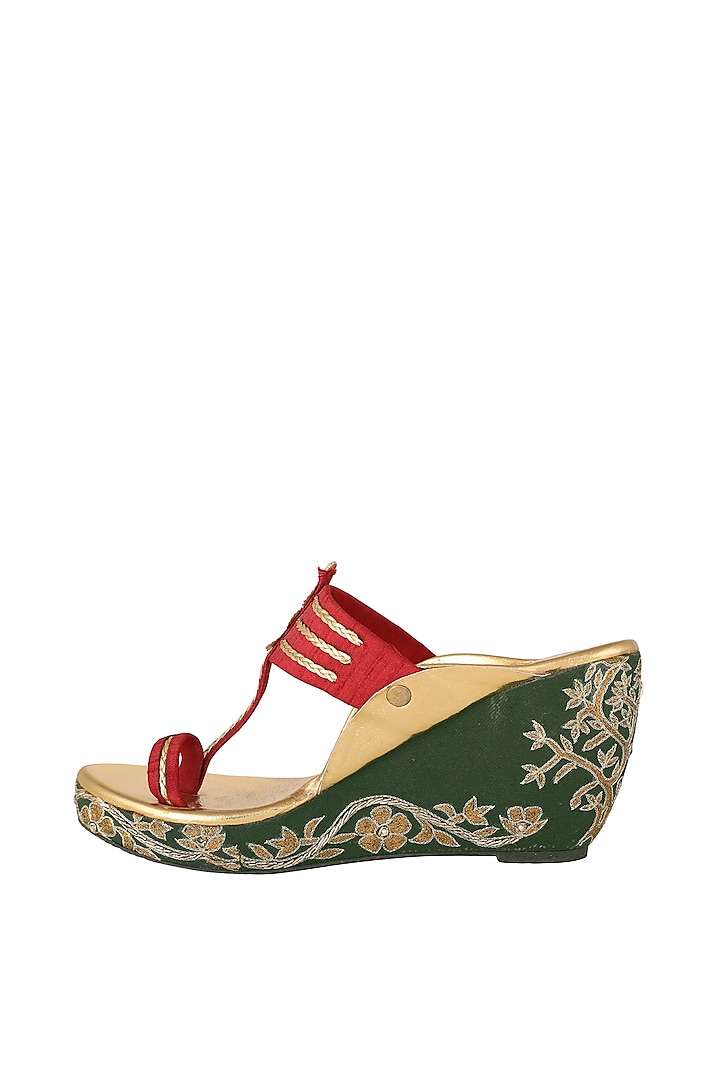 Maroon & Green Embroidered Kolhapuri Wedges by The Shoe Tales