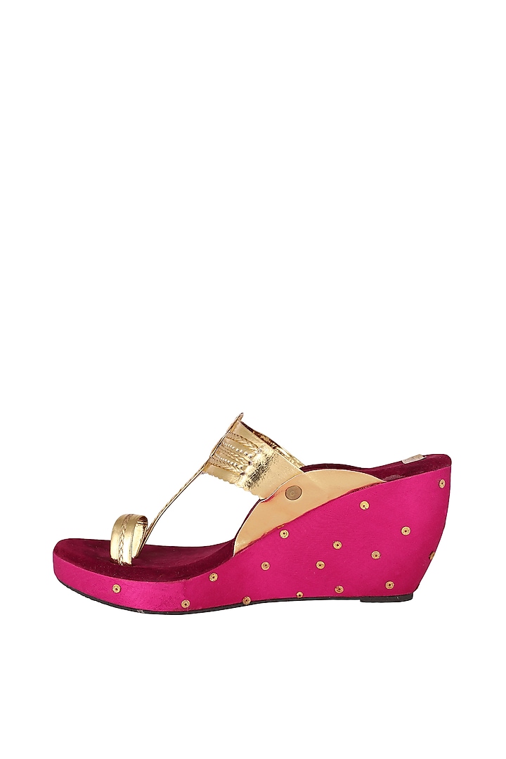 Maroon & Pink Embroidered Kolhapuri Wedges by The Shoe Tales