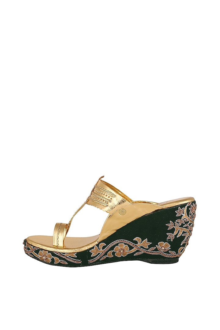 Golden & Green Embroidered Kolhapuri Wedges by The Shoe Tales