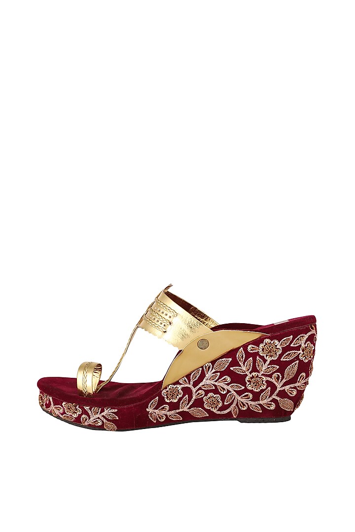 Maroon Embroidered Kolhapuri Wedges by The Shoe Tales