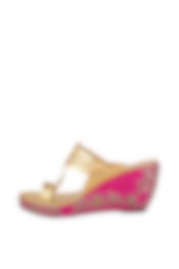 Pink & Golden Embroidered Kolhapuri Wedges by The Shoe Tales