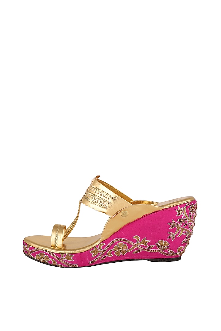 Pink & Golden Embroidered Kolhapuri Wedges by The Shoe Tales at Pernia's Pop Up Shop