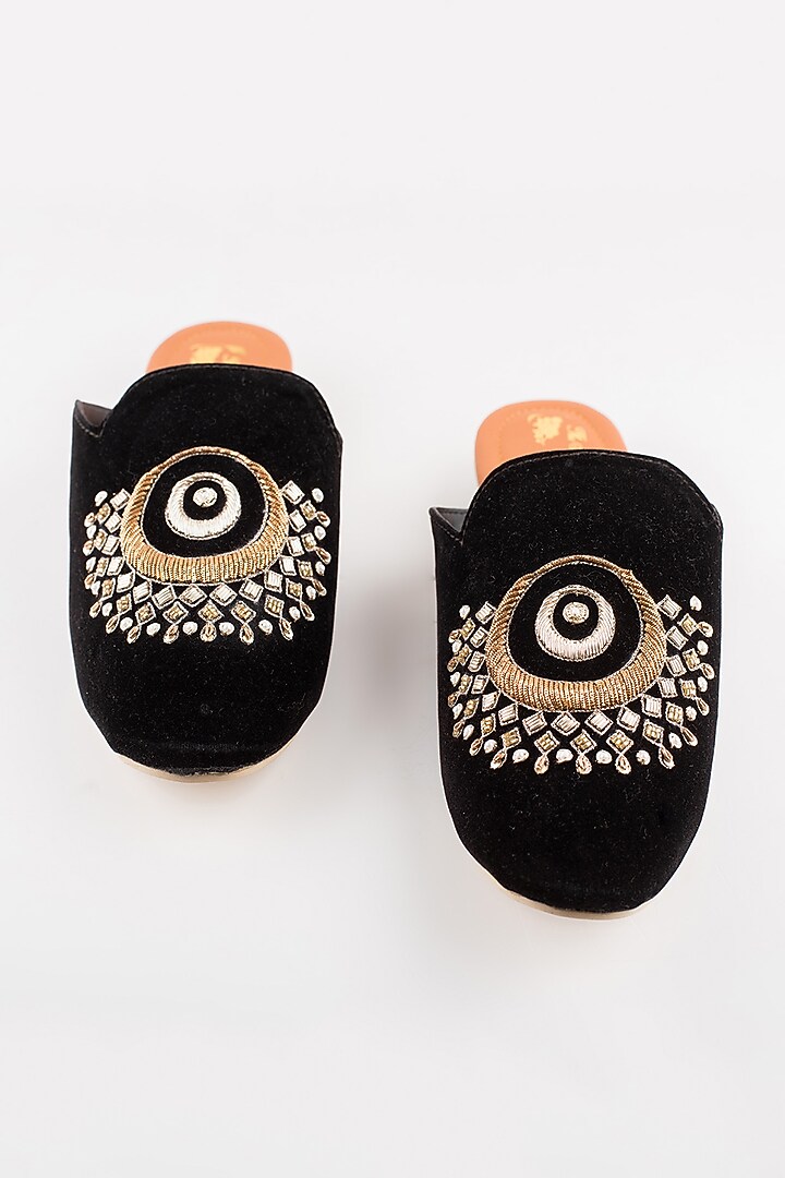 Black Chandbali Velvet Mules by The Shoe Tales at Pernia's Pop Up Shop