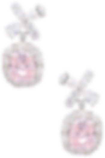 Rhodium Finish White and Baby Pink Zircons Earrings by Tsara