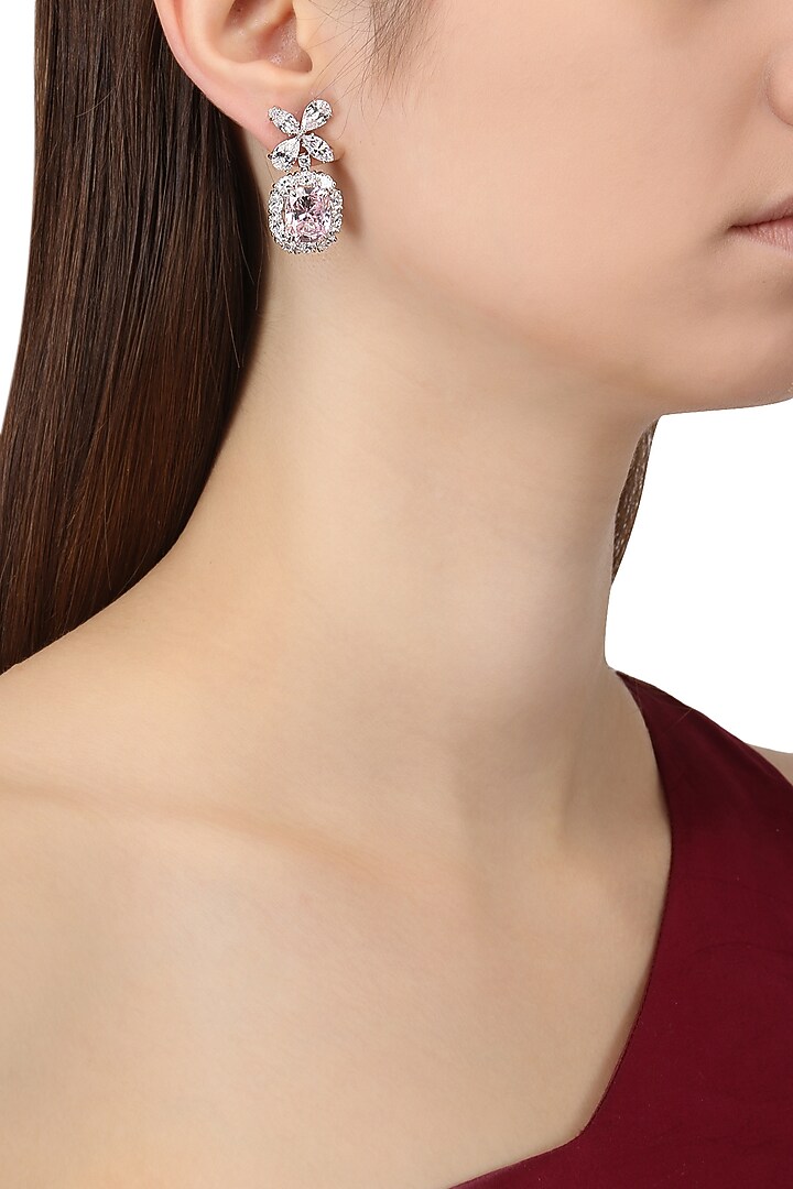 Rhodium finish white and baby pink zircons earrings available only at Pernia's Pop Up Shop.
