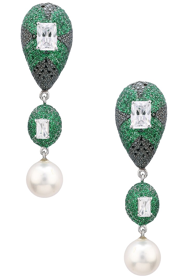 Rhodium finish zircons and pearl drop earrings available only at Pernia's Pop Up Shop.