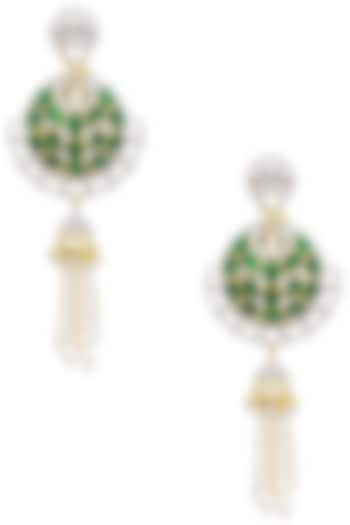 Rhodium Finish Zircons, Pearl and Emerald Stone Earrings by Tsara
