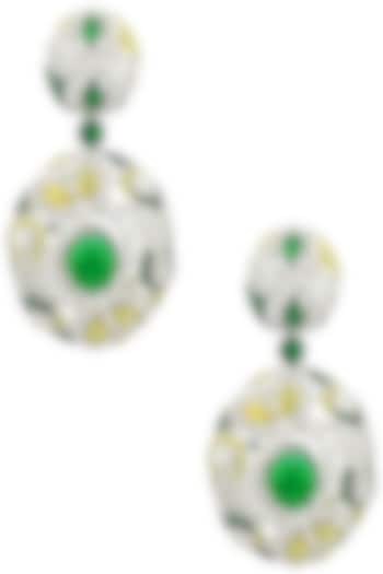 Rhodium and Gold Dual Finish Zircons and Green Stones Earrings by Tsara