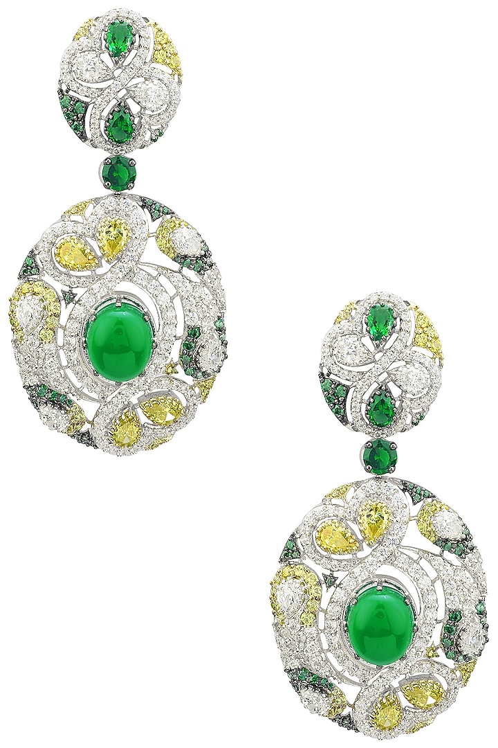 Rhodium and Gold Dual Finish Zircons and Green Stones Earrings by Tsara