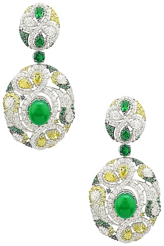 Rhodium and Gold Dual Finish Zircons and Green Stones Earrings by Tsara