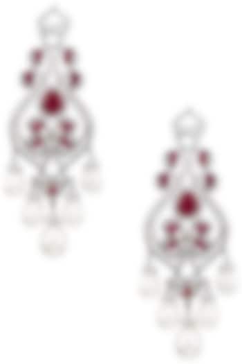 Rhodium Finish Zircons, Ruby and Pearl Earrings by Tsara