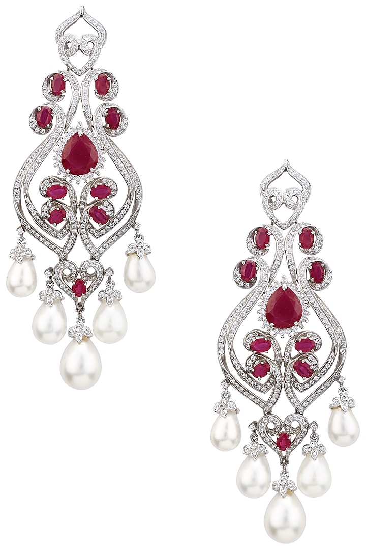 Rhodium Finish Zircons, Ruby and Pearl Earrings by Tsara