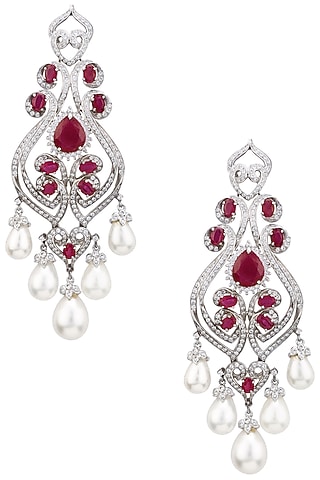 Rhodium Finish Zircons, Ruby and Pearl Earrings by Tsara