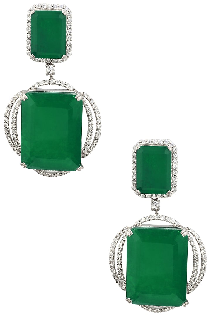 Rhodium Finish Zircons and Emerald Stone Drop Earrings by Tsara