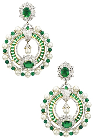 Rhodium and Gold Dual Finish Zircons and Emerald Stone Earrings by Tsara