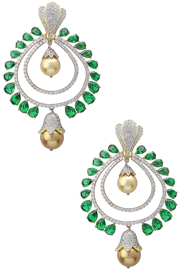 Rhodium and Gold Dual Finish Zircons Chandbali Earrings by Tsara