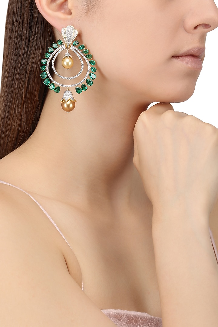 Rhodium and gold dual finish zircons chandbali earrings available only at Pernia's Pop Up Shop.