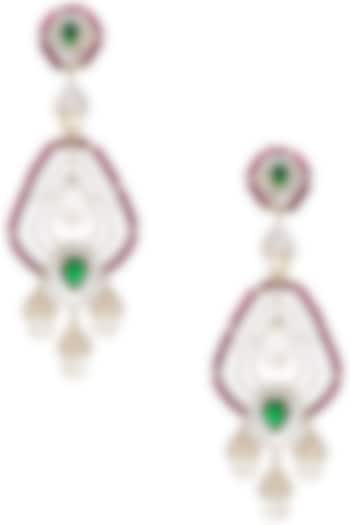 Rhodium Plated Zircons, Emerald and Ruby Earrings by Tsara