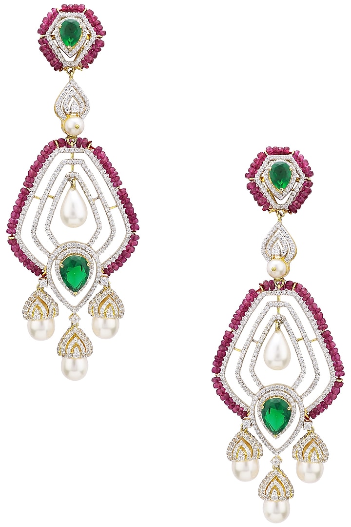 Rhodium Plated Zircons, Emerald and Ruby Earrings by Tsara