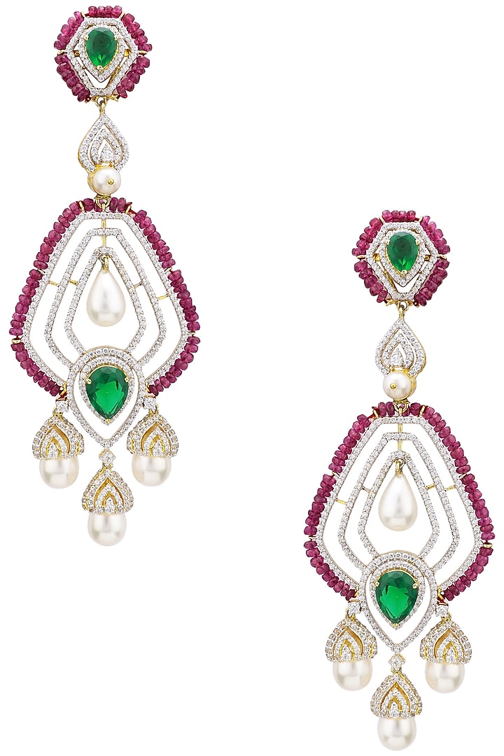 Rhodium plated zircons, emerald and ruby earrings available only at Pernia's Pop Up Shop.