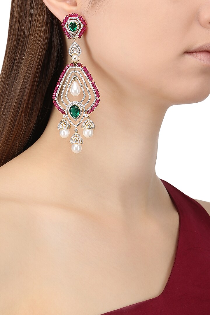 Rhodium plated zircons, emerald and ruby earrings available only at Pernia's Pop Up Shop.