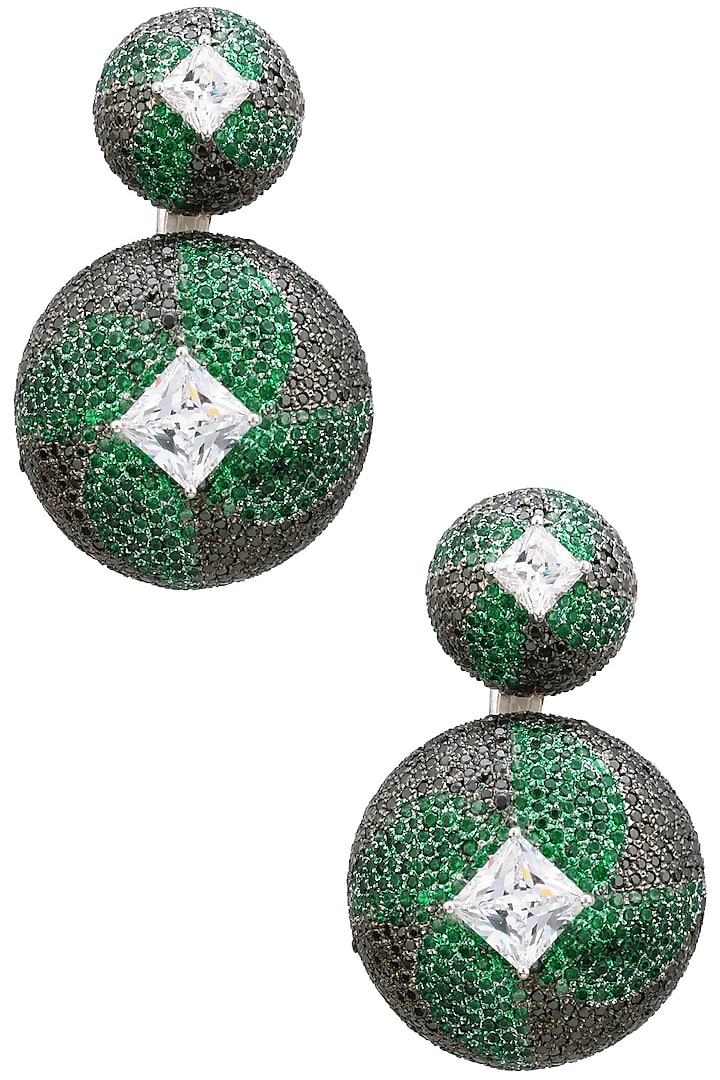 Rhodium Finish Black and Green Zircons Earrings by Tsara