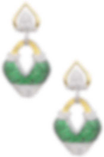 Rhodium Finish White and Green Zircons Earrings by Tsara
